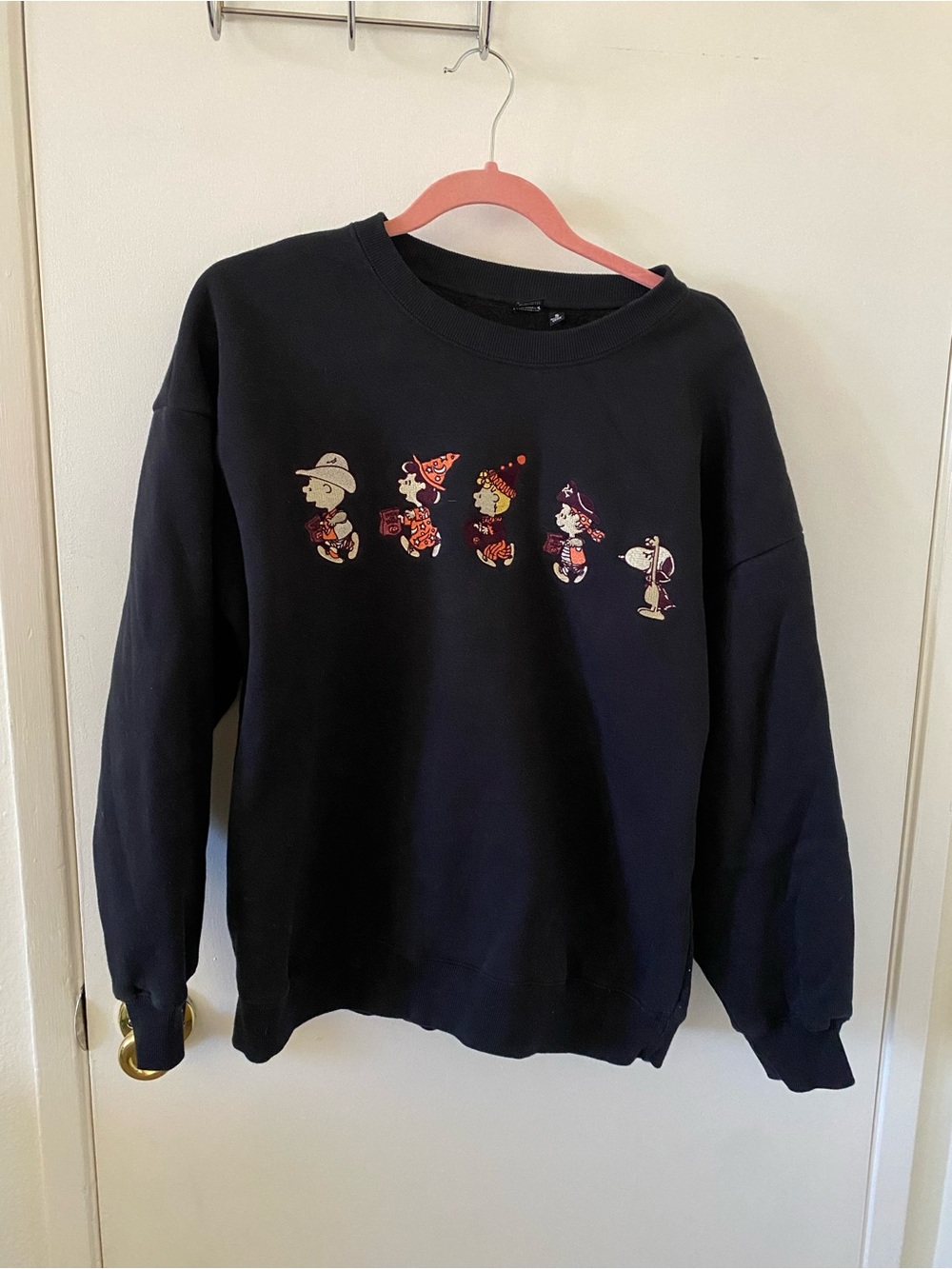 Peanuts Black Crew Sweatshirt with Colorful Character Row
